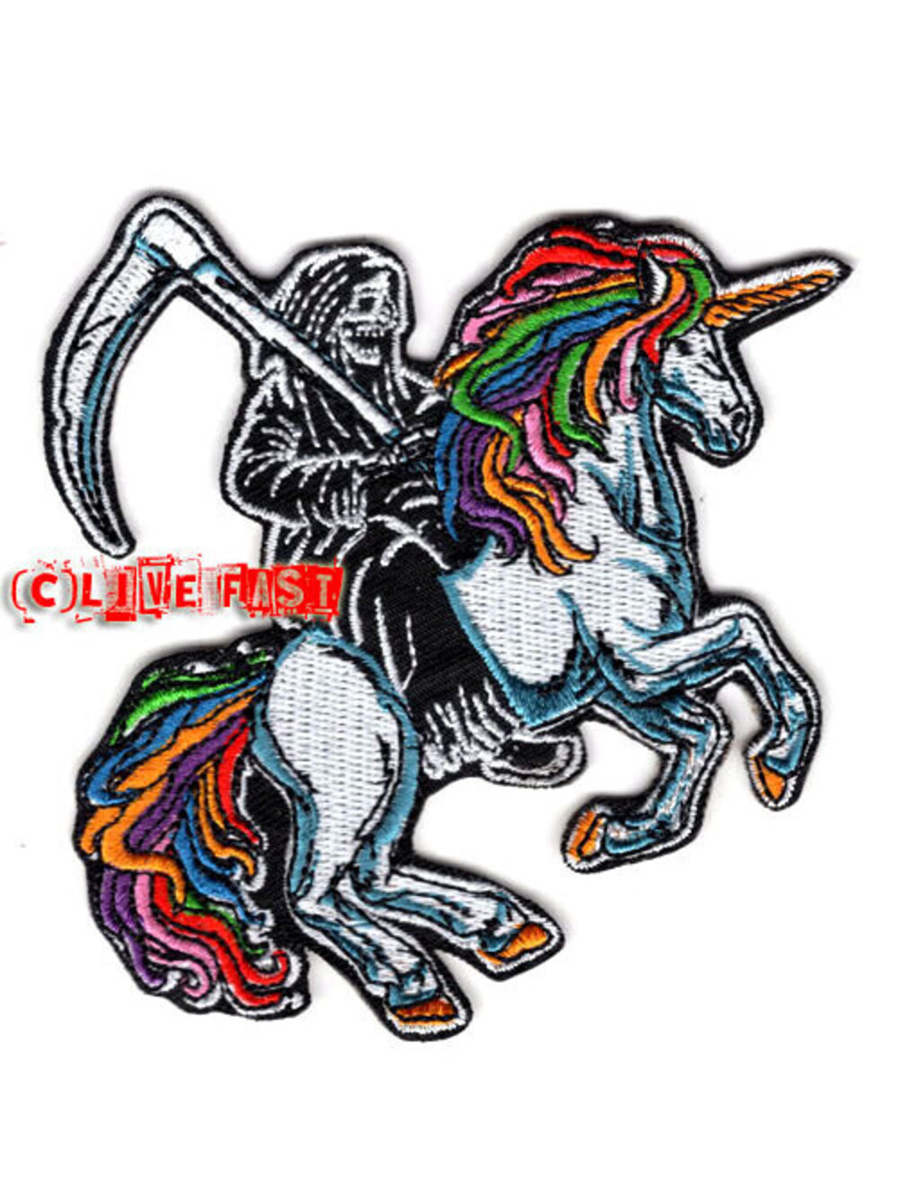 GRIM REAPER RIDING RAINBOW UNICORN SKULL PATCH skull patches, battle vest patch